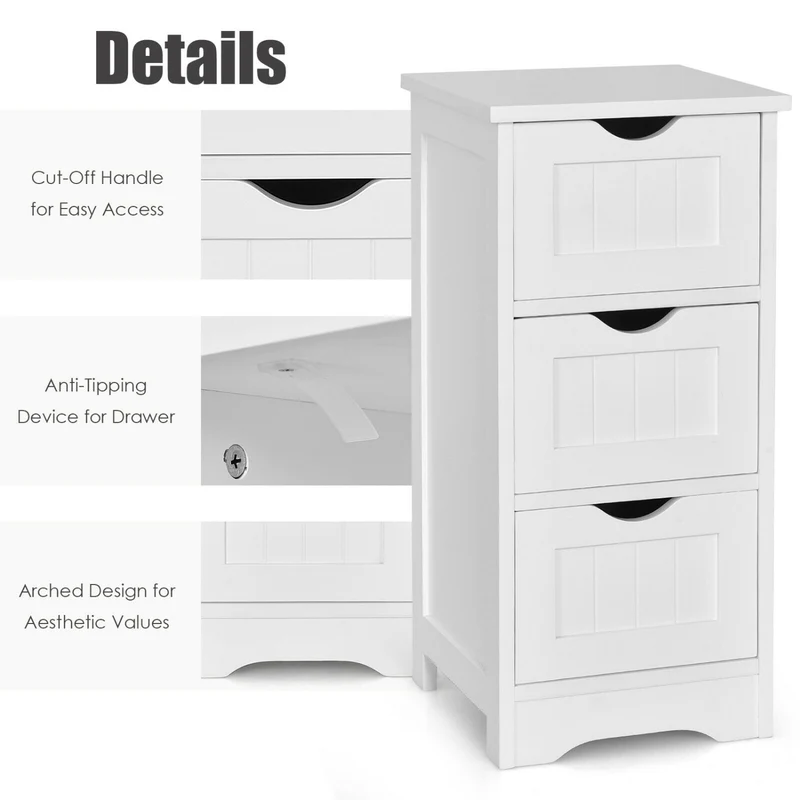 Wooden Bathroom Storage Cabinet, 3-Tier Free Standing Organizer, White