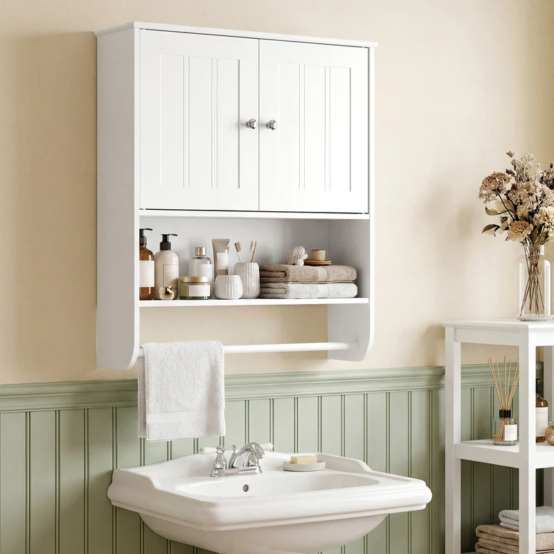 Bathroom Wall Cabinet With Towel Bar, Adjustable Shelf, White