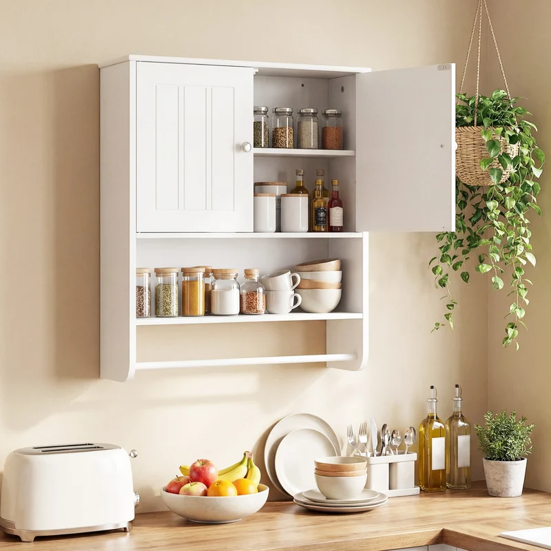 Bathroom Wall Cabinet With Towel Bar, Adjustable Shelf, White