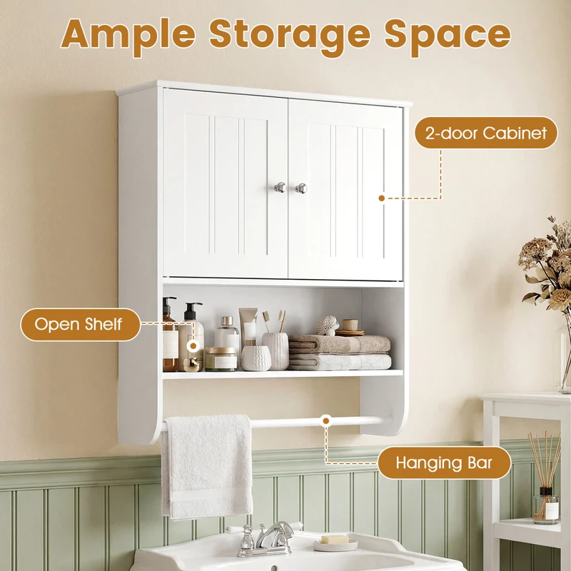 Bathroom Wall Cabinet With Towel Bar, Adjustable Shelf, White