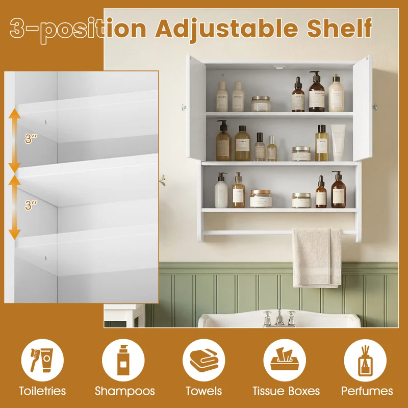 Bathroom Wall Cabinet With Towel Bar, Adjustable Shelf, White