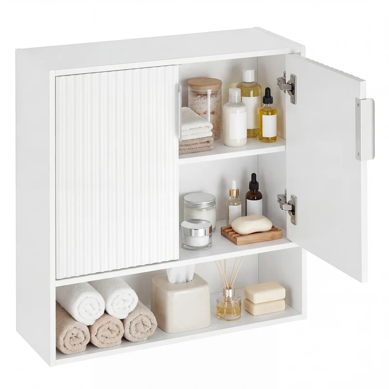 Bathroom Wall Cabinet, 2 Fluted Doors, Open Cube, Adjustable Shelf, White