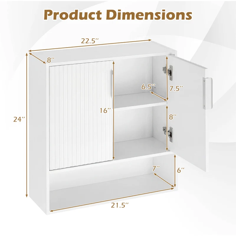 Bathroom Wall Cabinet, 2 Fluted Doors, Open Cube, Adjustable Shelf, White