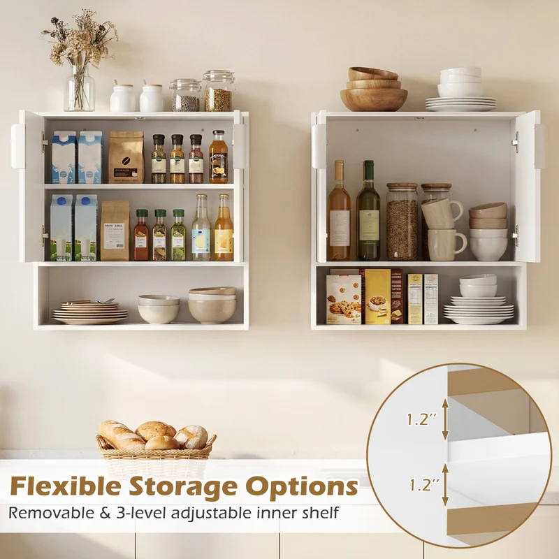 Bathroom Wall Cabinet, 2 Fluted Doors, Open Cube, Adjustable Shelf, White