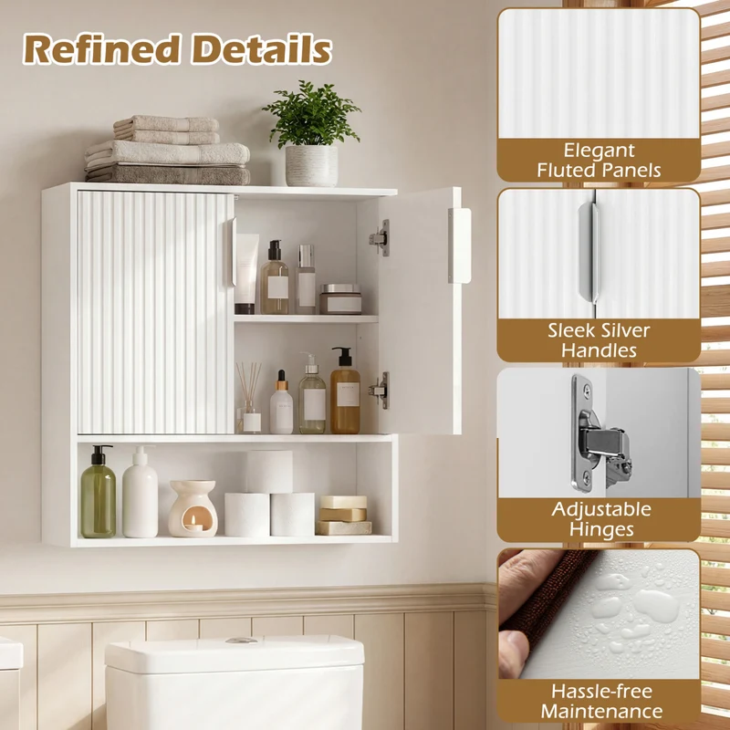Bathroom Wall Cabinet, 2 Fluted Doors, Open Cube, Adjustable Shelf, White