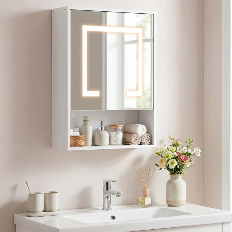 Medicine Cabinet With Mirror, 3-Color LED, Recessed Wall Mount, White