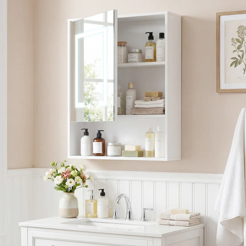 Medicine Cabinet With Mirror, 3-Color LED, Recessed Wall Mount, White