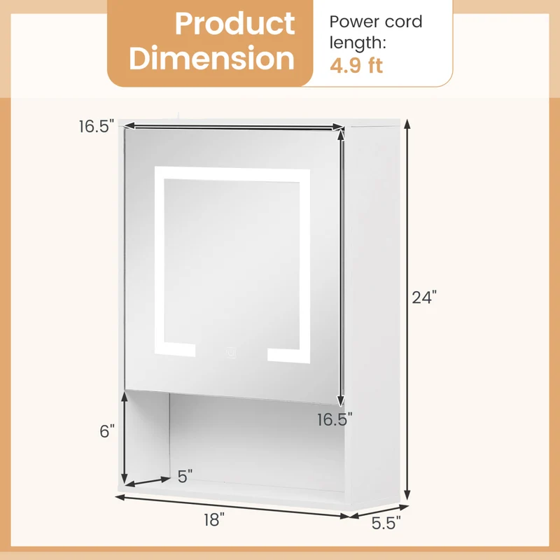 Medicine Cabinet With Mirror, 3-Color LED, Recessed Wall Mount, White