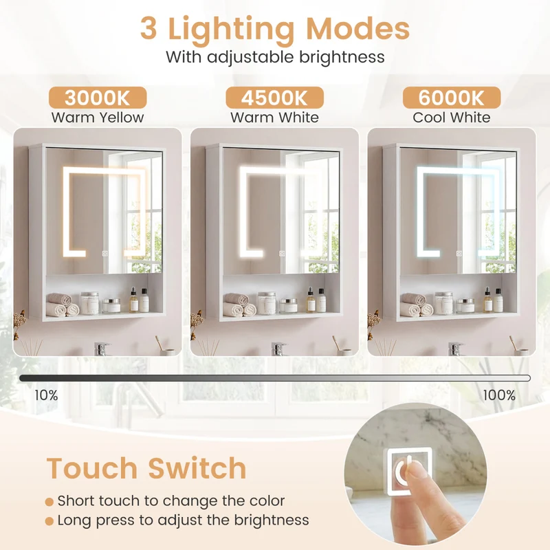 Medicine Cabinet With Mirror, 3-Color LED, Recessed Wall Mount, White