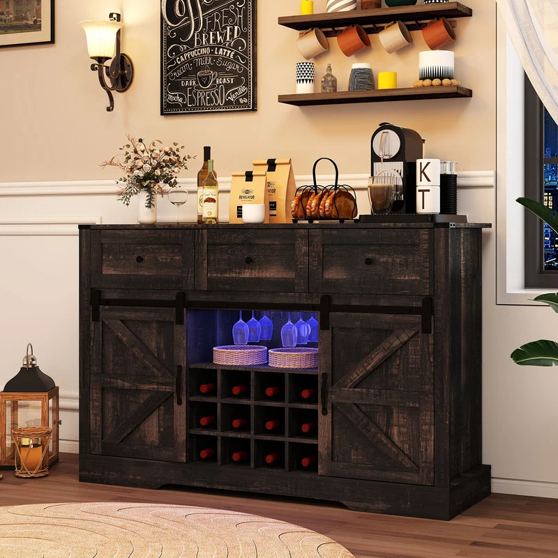 52" Wine Bar Cabinet with LED Lights, Oak