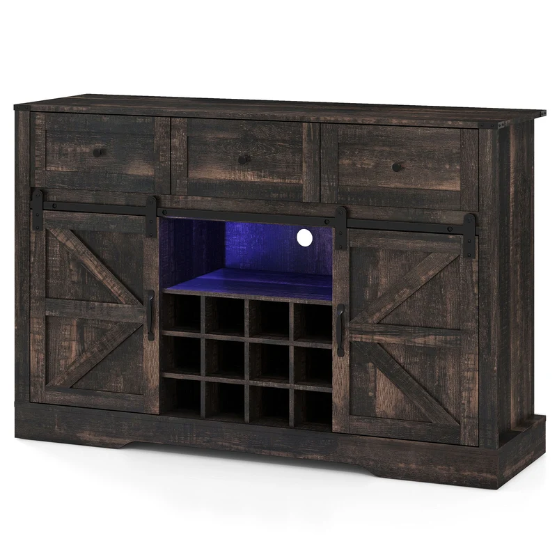 52" Wine Bar Cabinet with LED Lights, Oak