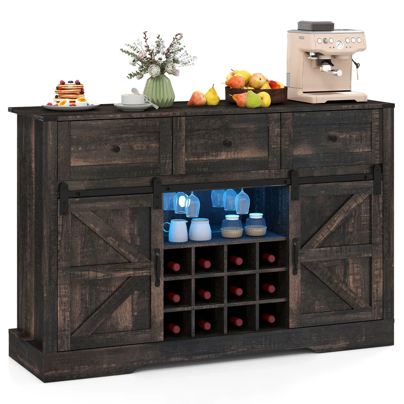 52" Wine Bar Cabinet with LED Lights, Oak