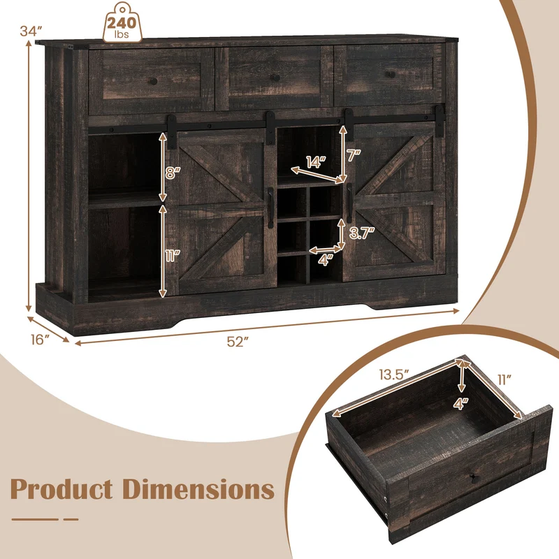 52" Wine Bar Cabinet with LED Lights, Oak