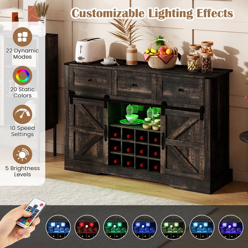 52" Wine Bar Cabinet with LED Lights, Oak
