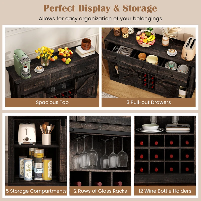 52" Wine Bar Cabinet with LED Lights, Oak