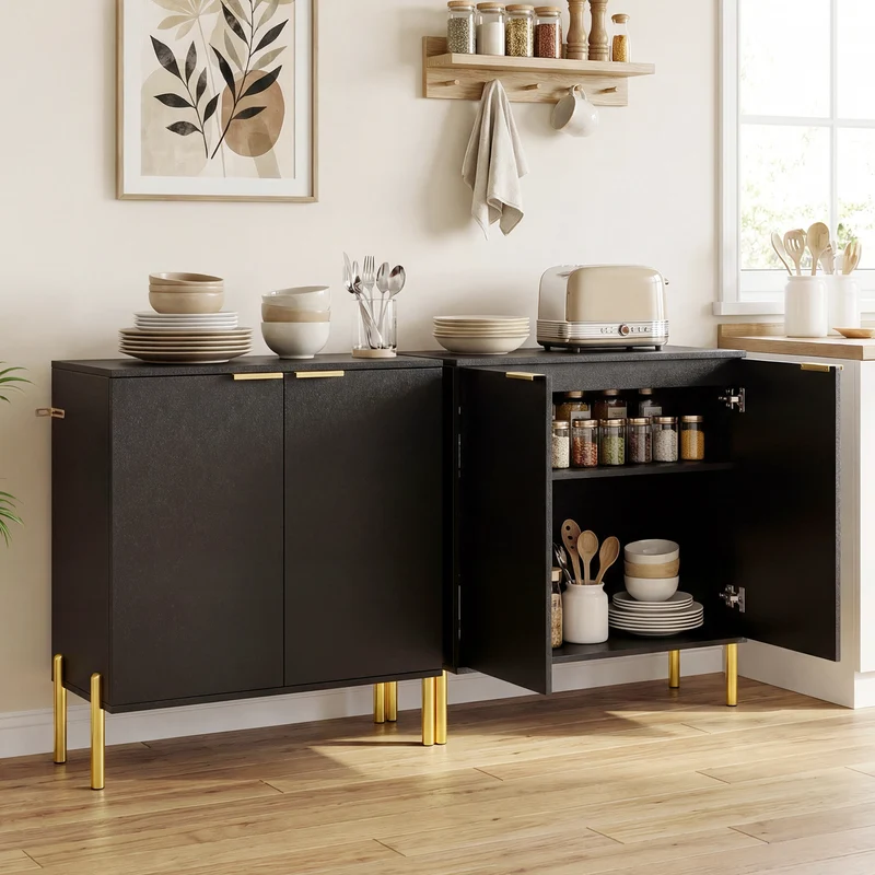 2-Door Buffet Cabinet Sideboard, Set of 2, Black