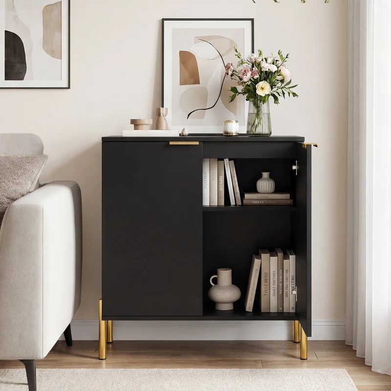 2-Door Buffet Cabinet Sideboard, Set of 2, Black