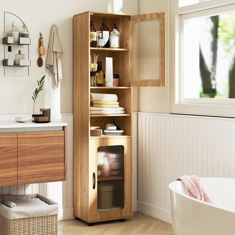 Tall Bathroom Storage Cabinet 67 In, Freestanding Organizer, Natural