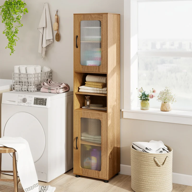 Tall Bathroom Storage Cabinet 67 In, Freestanding Organizer, Natural