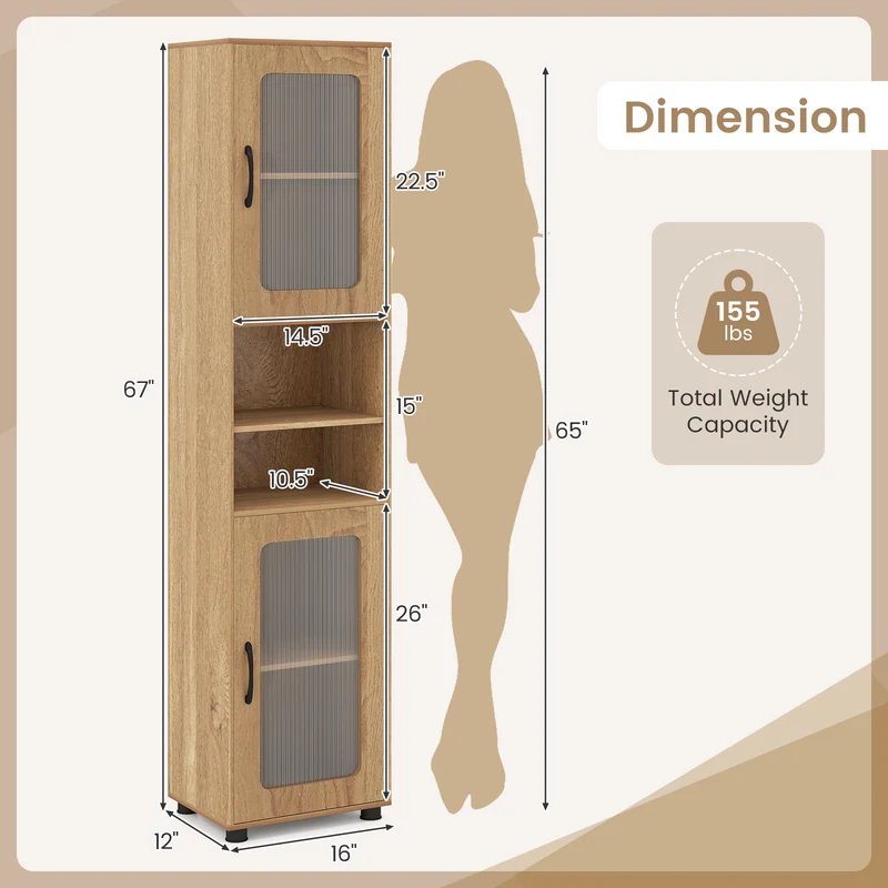 Tall Bathroom Storage Cabinet 67 In, Freestanding Organizer, Natural