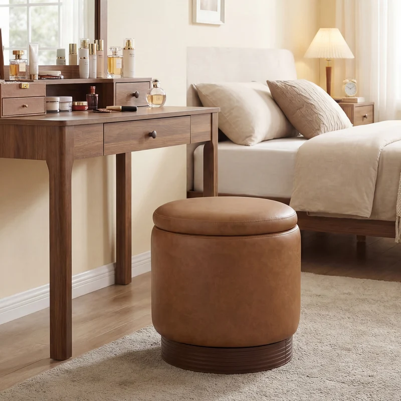 Round Storage Ottoman, Acacia Wood Frame, Brown