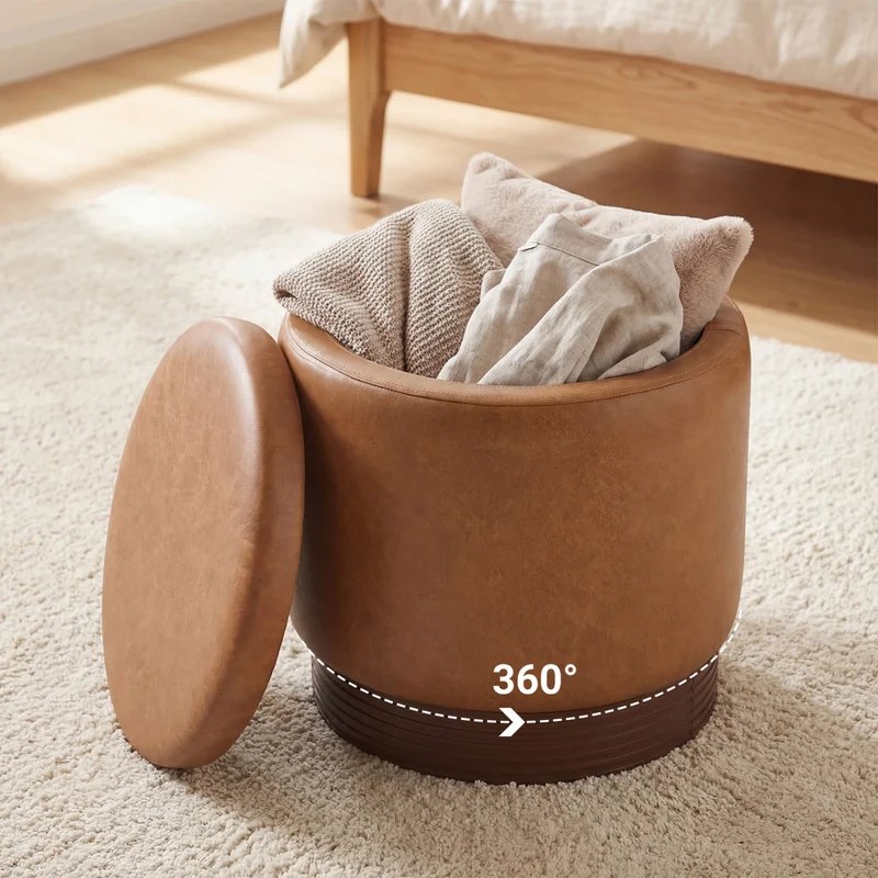 Round Storage Ottoman, Acacia Wood Frame, Brown