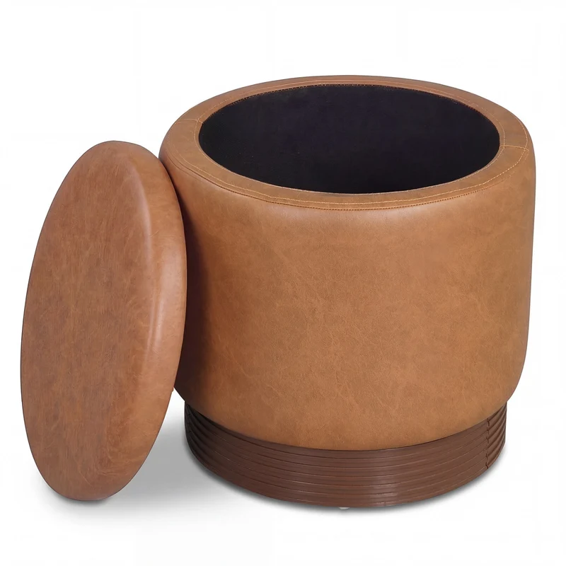 Round Storage Ottoman, Acacia Wood Frame, Brown
