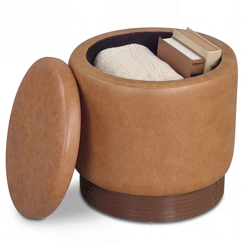 Round Storage Ottoman, Acacia Wood Frame, Brown