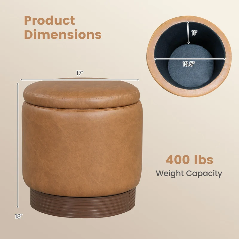 Round Storage Ottoman, Acacia Wood Frame, Brown