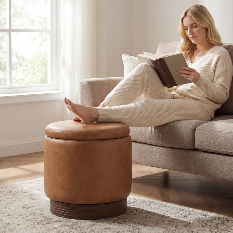 Round Storage Ottoman, Acacia Wood Frame, Brown