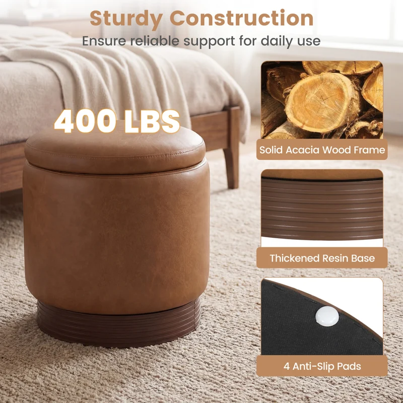 Round Storage Ottoman, Acacia Wood Frame, Brown