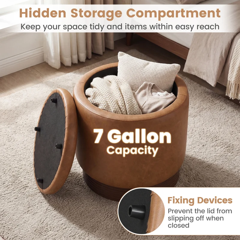 Round Storage Ottoman, Acacia Wood Frame, Brown