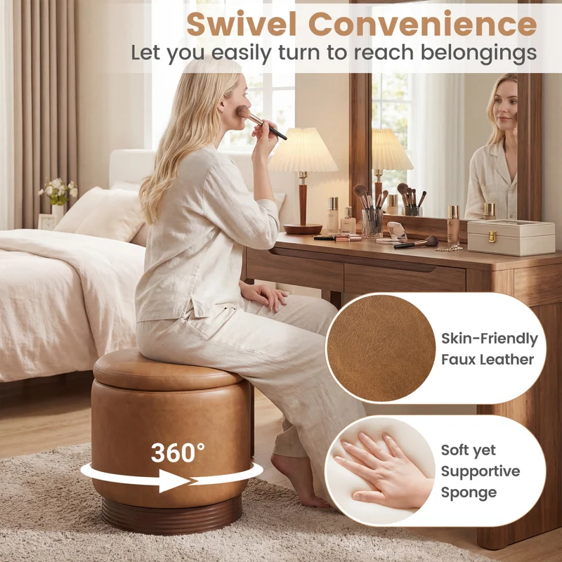 Round Storage Ottoman, Acacia Wood Frame, Brown