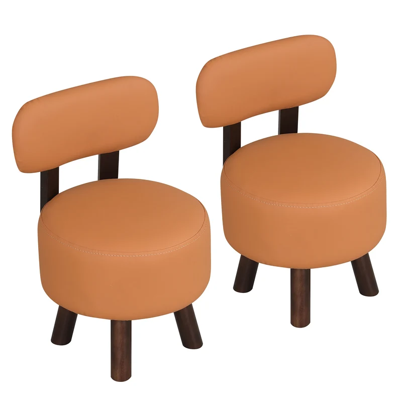 Small Footrest Stools Set of 2, Round Ottoman with Backrest, Orange
