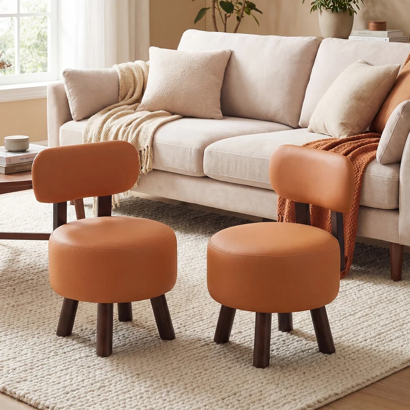 Small Footrest Stools Set of 2, Round Ottoman with Backrest, Orange