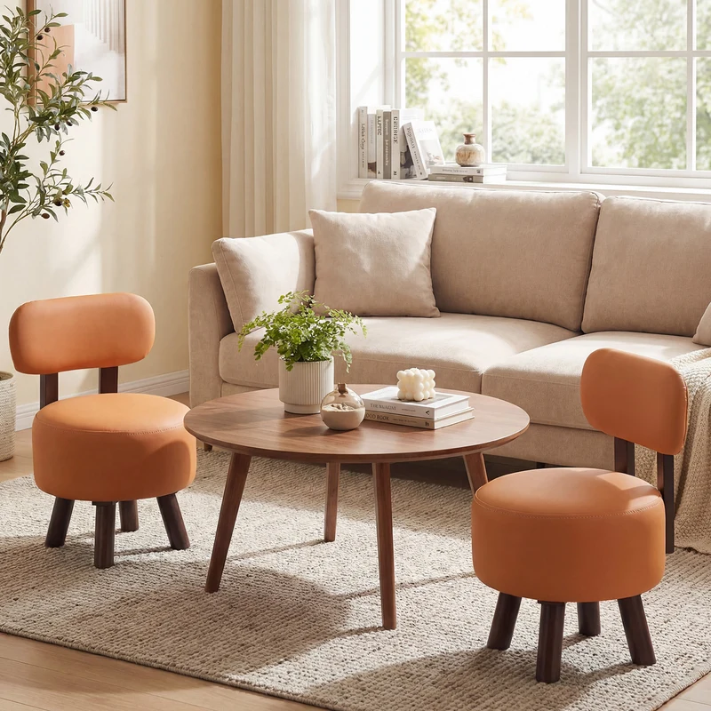 Small Footrest Stools Set of 2, Round Ottoman with Backrest, Orange