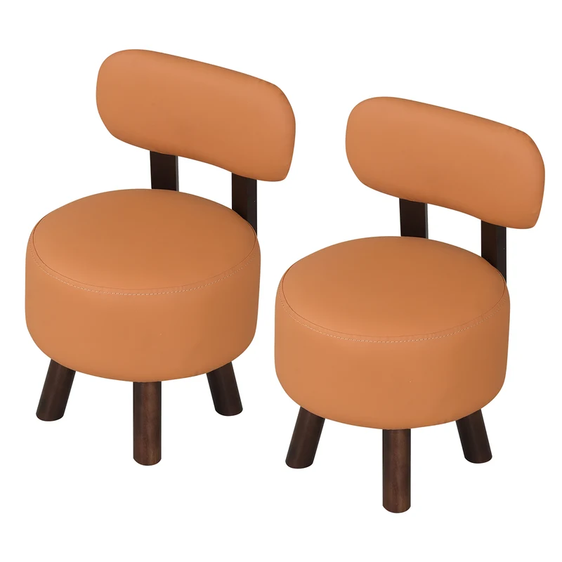 Small Footrest Stools Set of 2, Round Ottoman with Backrest, Orange