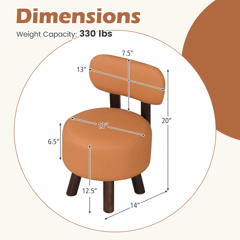 Small Footrest Stools Set of 2, Round Ottoman with Backrest, Orange