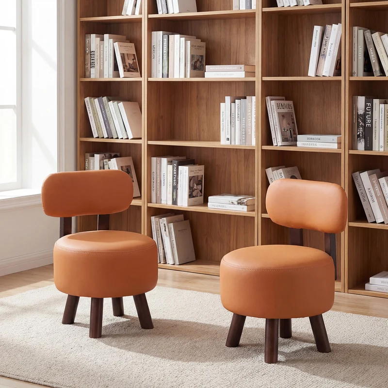 Small Footrest Stools Set of 2, Round Ottoman with Backrest, Orange