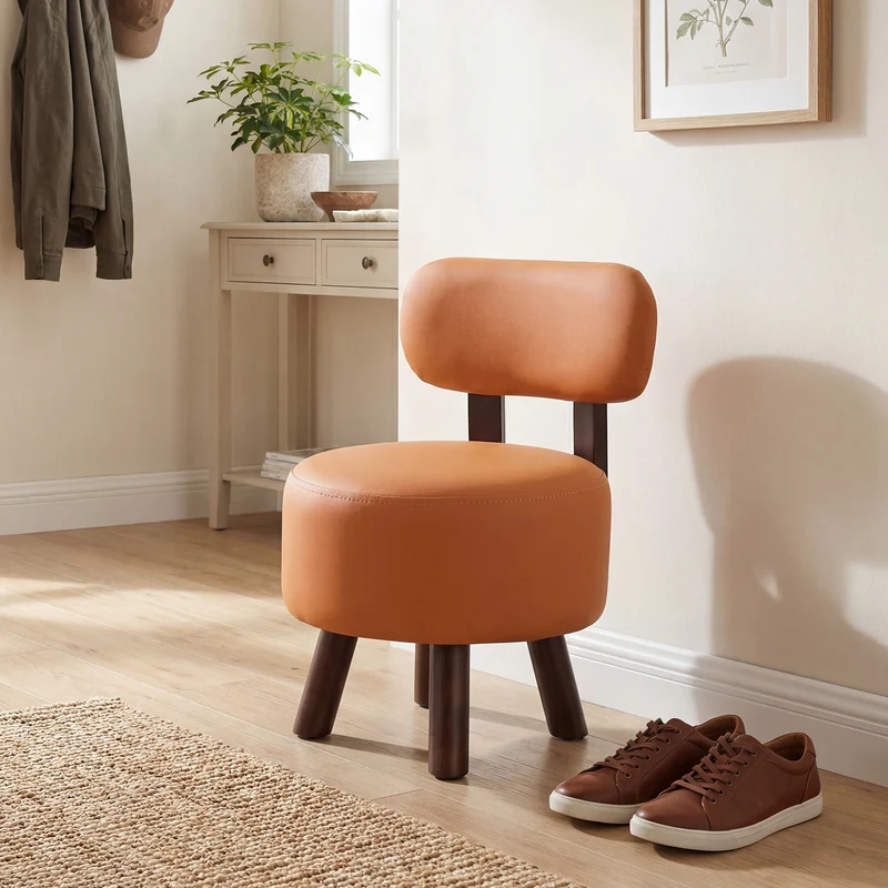 Small Footrest Stools Set of 2, Round Ottoman with Backrest, Orange