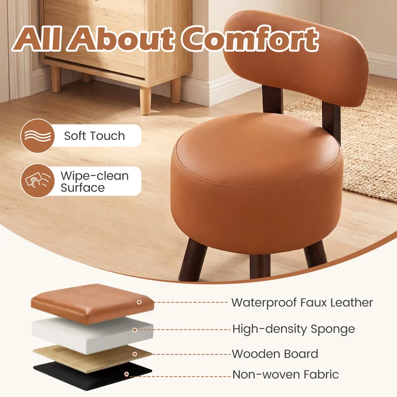 Small Footrest Stools Set of 2, Round Ottoman with Backrest, Orange
