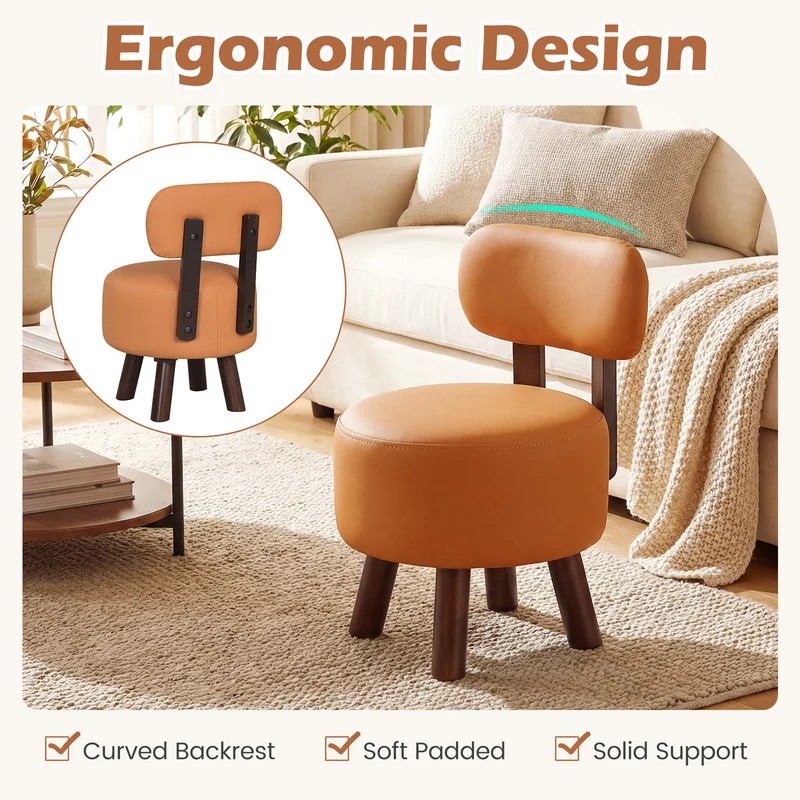 Small Footrest Stools Set of 2, Round Ottoman with Backrest, Orange