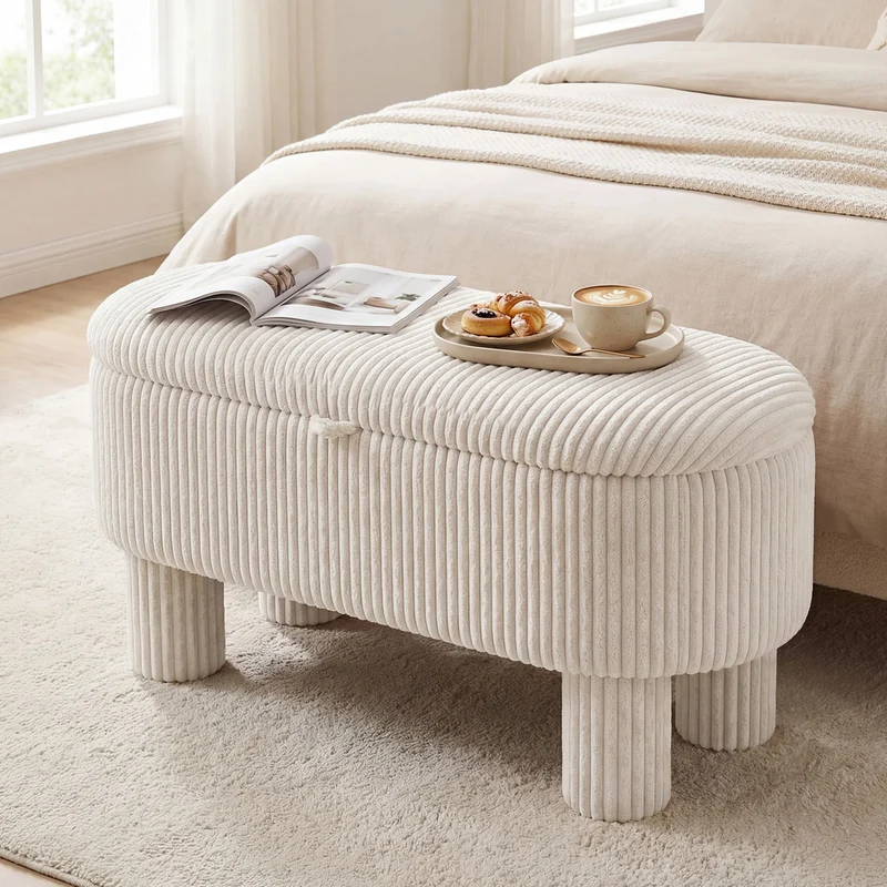 42 Inch Storage Ottoman Bench Corduroy, Beige