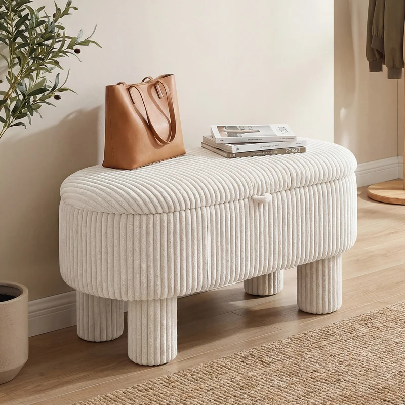 42 Inch Storage Ottoman Bench Corduroy, Beige