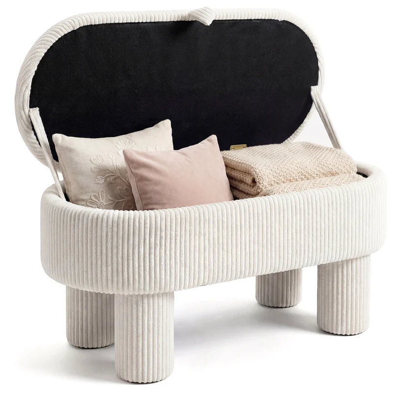 42 Inch Storage Ottoman Bench Corduroy, Beige