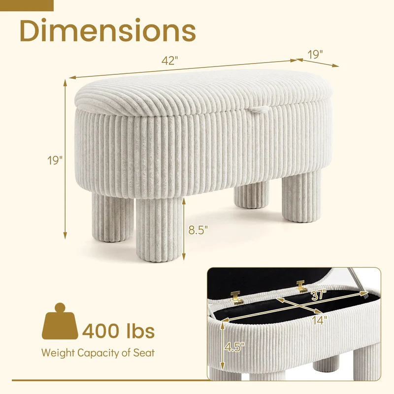 42 Inch Storage Ottoman Bench Corduroy, Beige