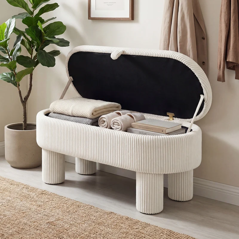 42 Inch Storage Ottoman Bench Corduroy, Beige
