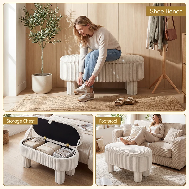 42 Inch Storage Ottoman Bench Corduroy, Beige