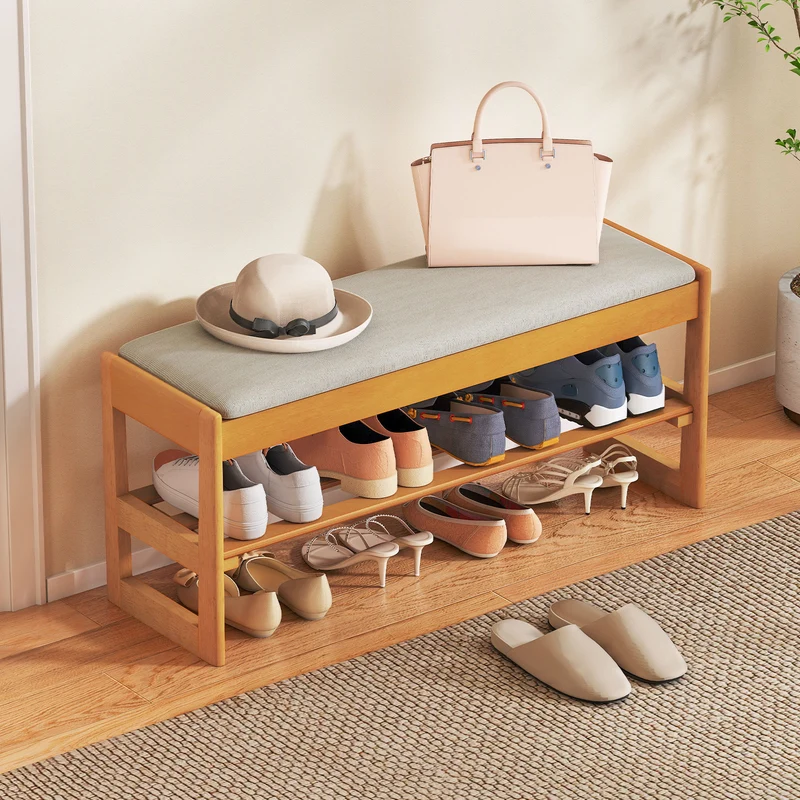 Shoe Rack Bench With Storage 2-Tier Rubberwood, Beige