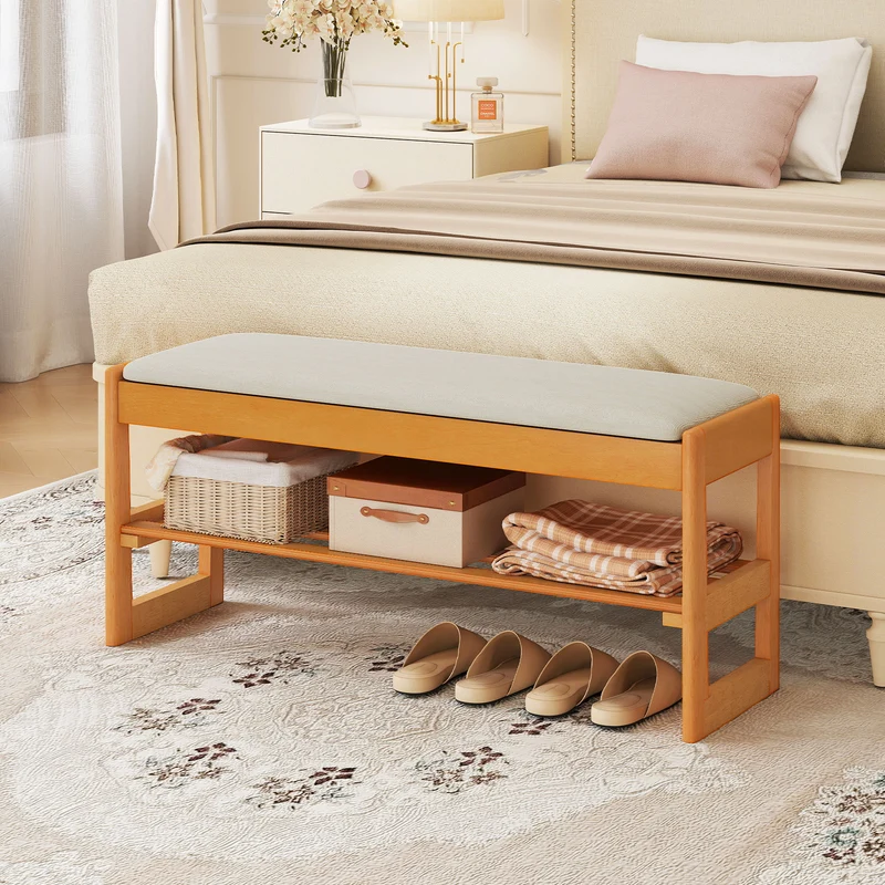 Shoe Rack Bench With Storage 2-Tier Rubberwood, Beige